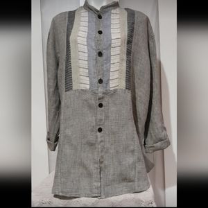 Vintage -Flax by Jeanne Engelhart- Linen Long Sleeved Button Up Tunic Blouse, Sm